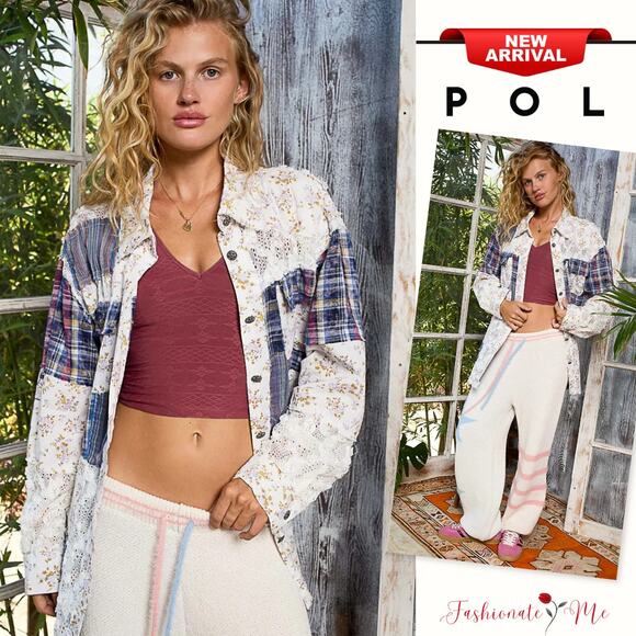 POL Floral Print Contrast Plaid Patchwork Button Down Lace Detail Shacket | Blue - Picture 1 of 5